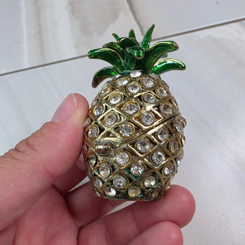 Vintage Pineapple Rhinestone Trinket Box‎ Gold Tone Green Enamel Hinged Jewelry